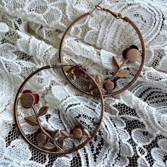 Gold Tone Rose Enamel Hoop Earrings - Picture 4 of 5